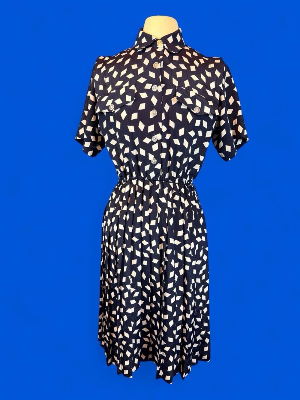 Vintage 90s Classics by Leslie Fay Petite Navy Geometric Shirt Dress Size 4